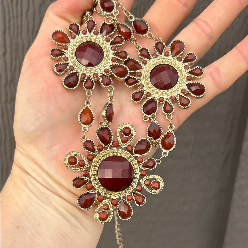 Vintage Gold-Tone Necklace with Deep Red & Burnt Orange Floral Drops - Picture 11 of 11